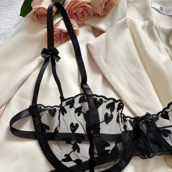 Embroidered Underwire Bra and Thong Lingerie Set