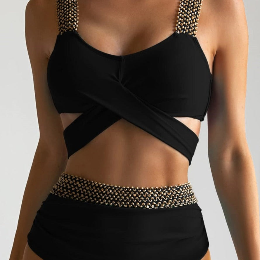 High-Waist Two-Piece Swimsuit Underwired Bra Back-Tie