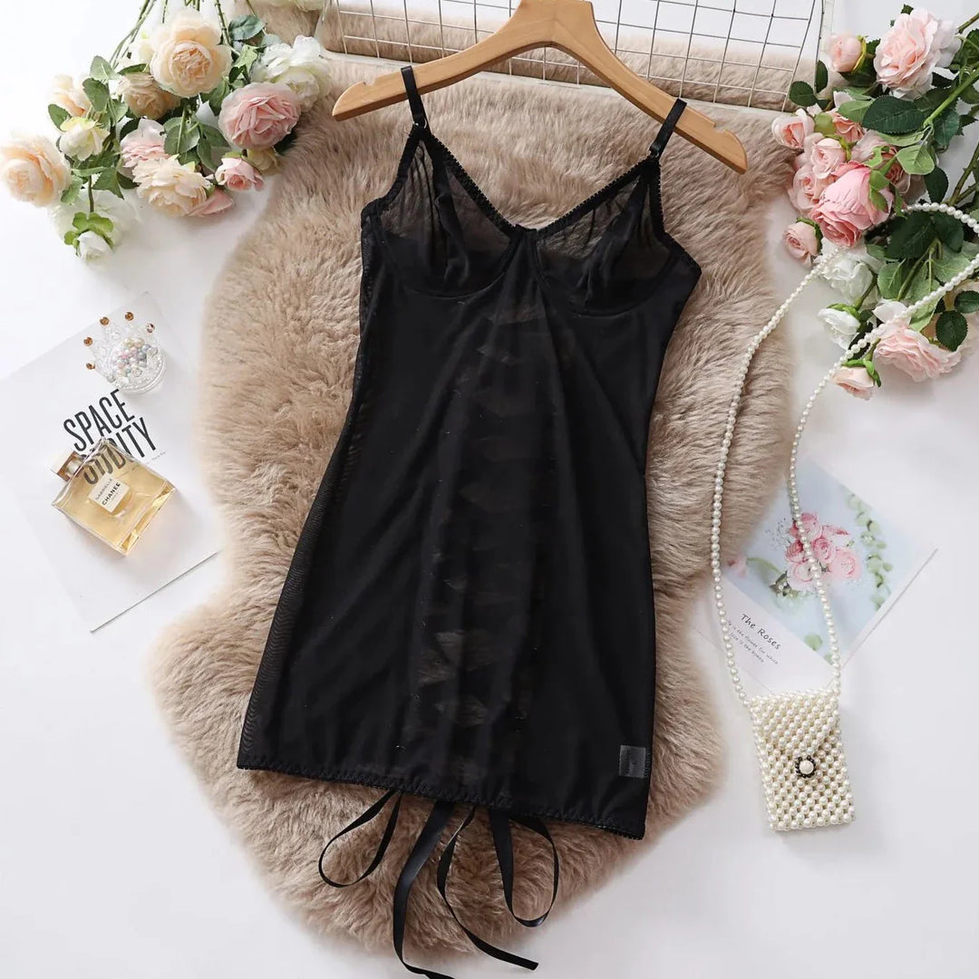 Mesh Tie-Detail Slim-Strap Cut-Out Nightgown