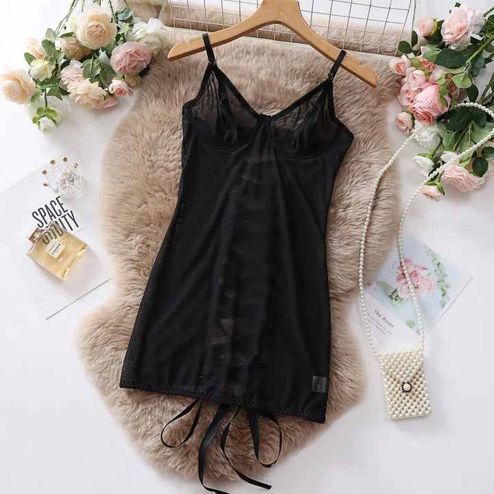 Mesh Tie-Detail Slim-Strap Cut-Out Nightgown