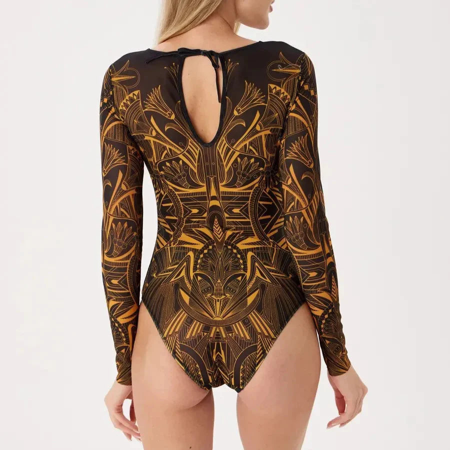 Long-Sleeve Oriental Print One-Piece Swimsuit