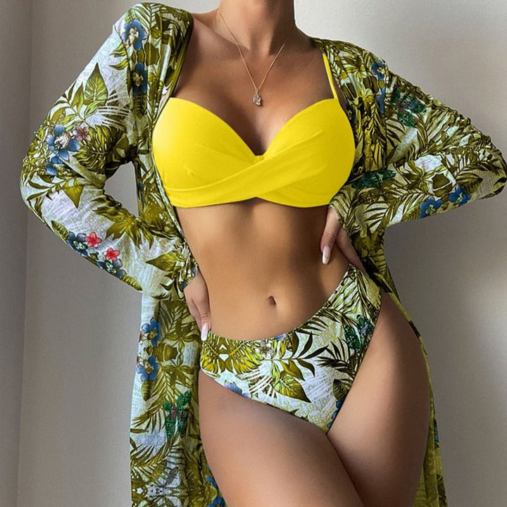 3-Piece Bikini Set Push-Up Bra Decorative Detail