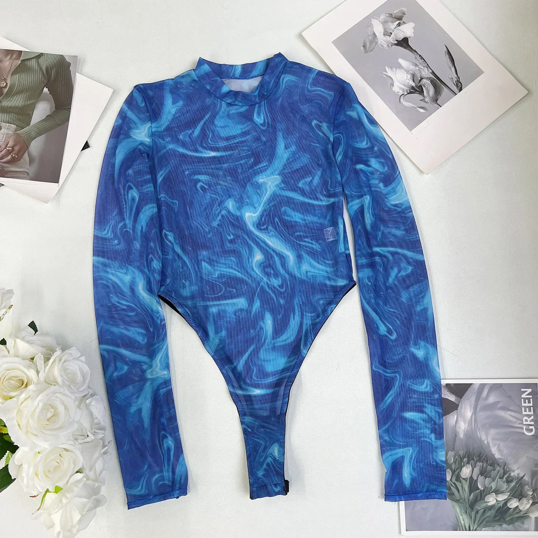 High-Leg Stand-Collar Long-Sleeve Printed Bodysuit
