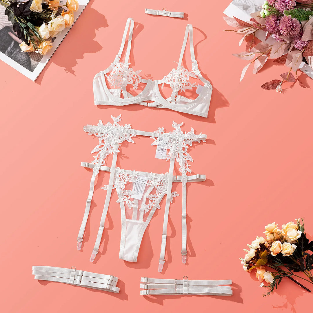 5-Piece Embroidered Mesh Lingerie Set
