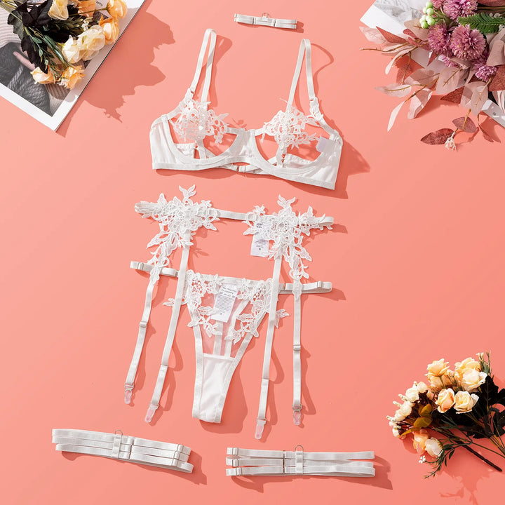 5-Piece Embroidered Mesh Lingerie Set
