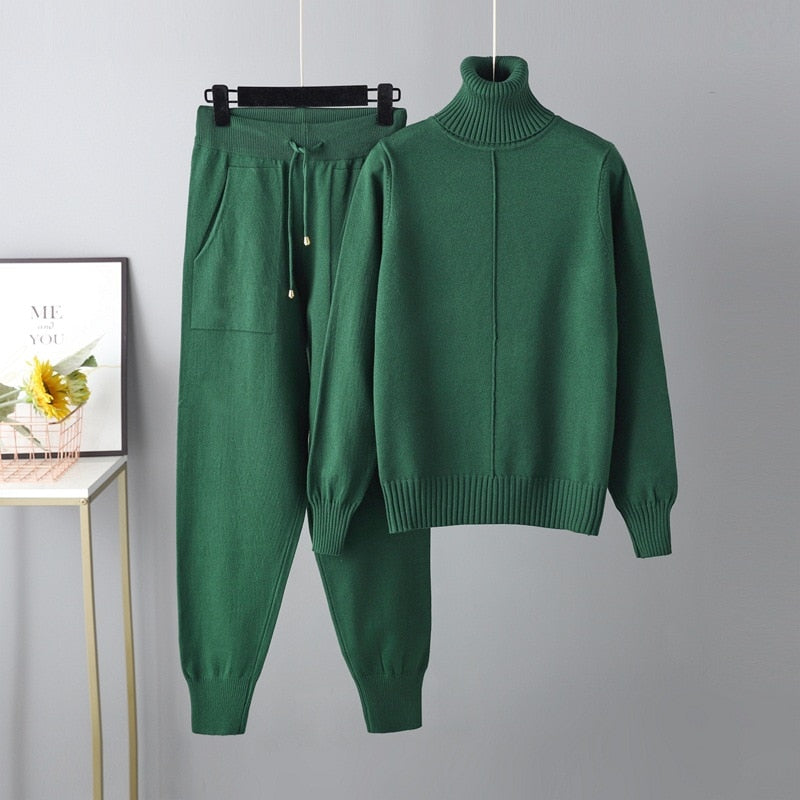 Ribbed Turtleneck Knit Sweater and Pants Lounge Set