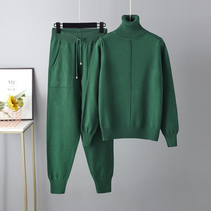 Ribbed Turtleneck Knit Sweater and Pants Lounge Set