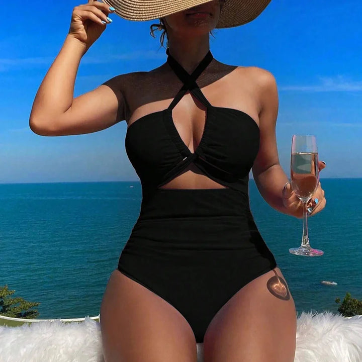 High-Waist Halter-Neck One-Piece Swimsuit