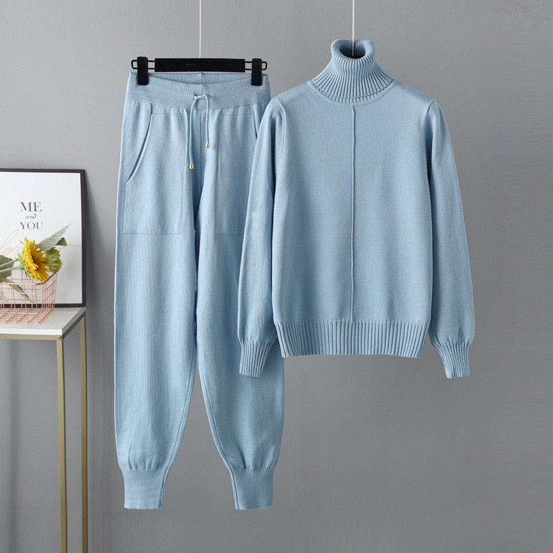 Ribbed Turtleneck Knit Sweater and Pants Lounge Set