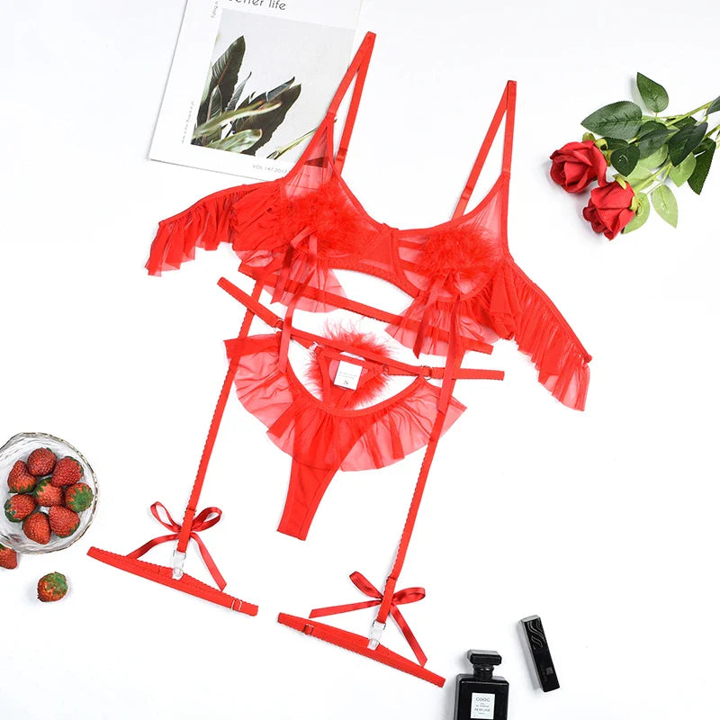 Mesh Ruffle and Pom-Pom Adjustable Lingerie Set