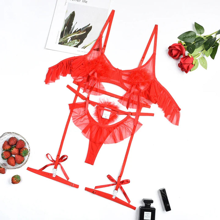 Mesh Ruffle and Pom-Pom Adjustable Lingerie Set