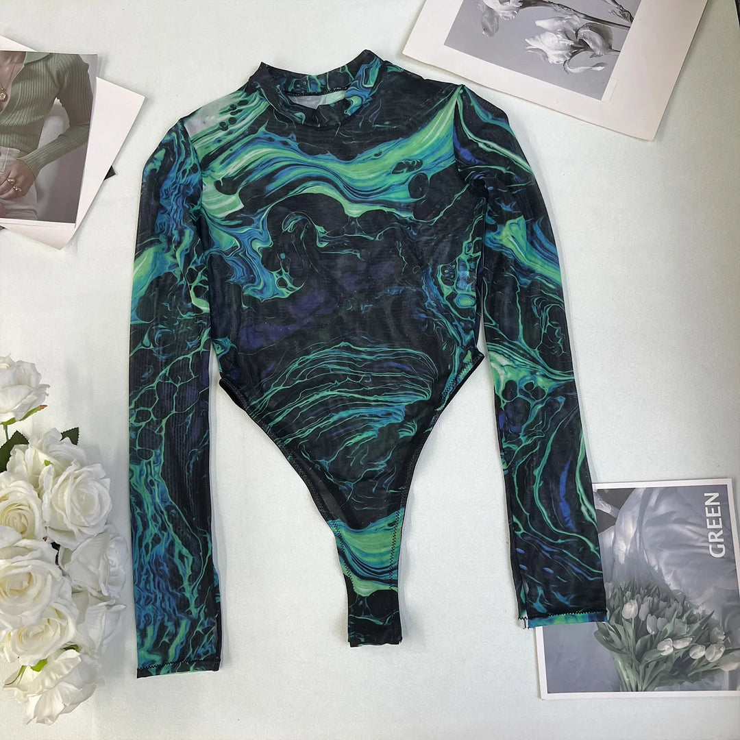 High-Leg Stand-Collar Long-Sleeve Printed Bodysuit