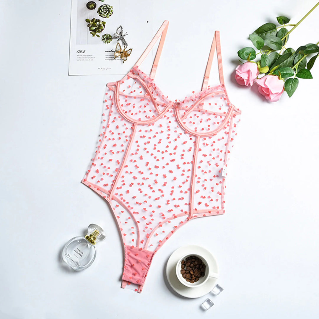 Mesh Heart Motif Thong-Style Bodysuit