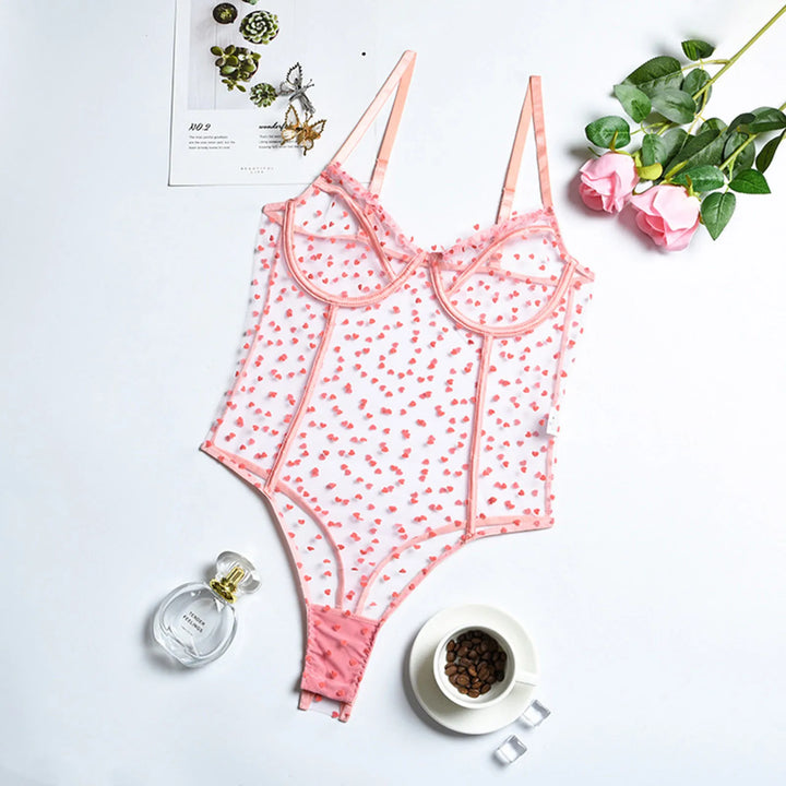 Mesh Heart Motif Thong-Style Bodysuit