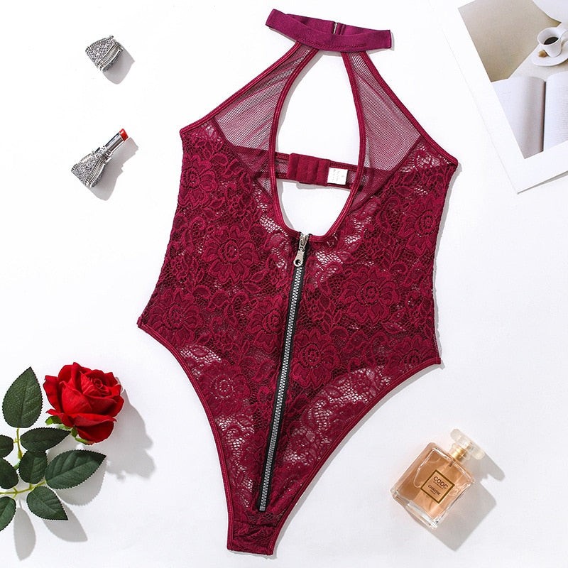 Lace Bodysuit with Zip Front Decorative Back Closure