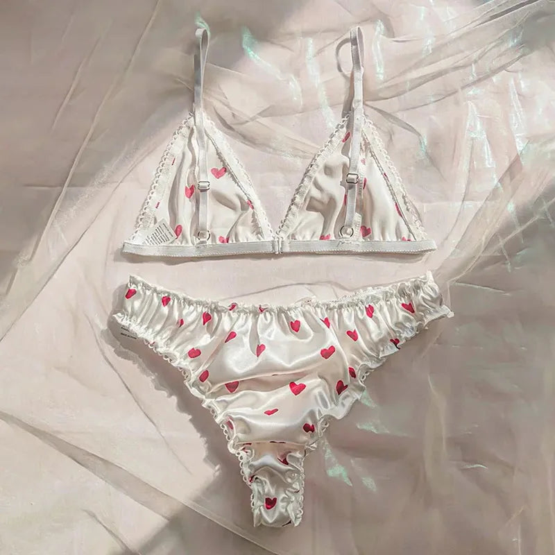 2-Piece Satin Heart Print Wireless Lingerie Set