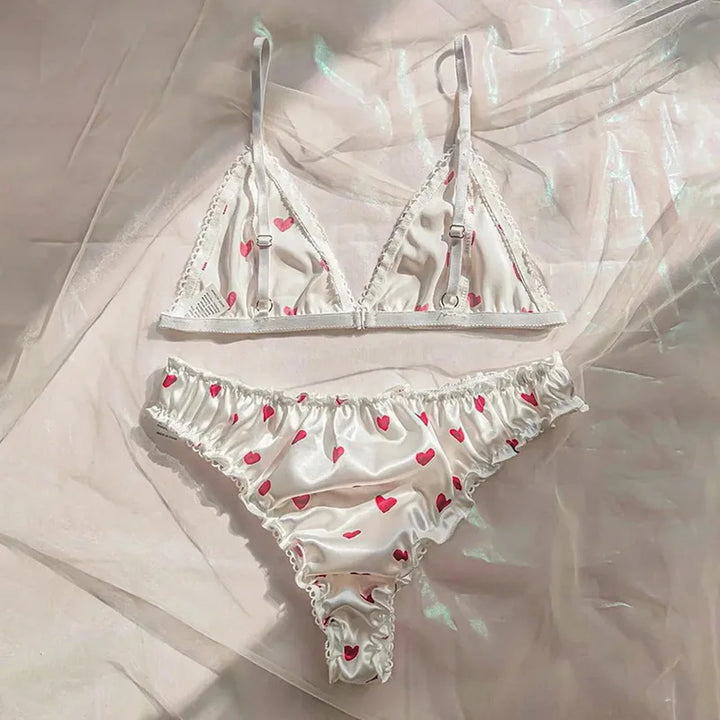 2-Piece Satin Heart Print Wireless Lingerie Set