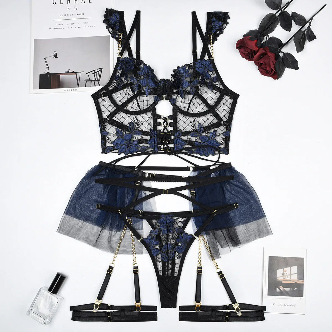 3-Piece Floral Bustier Thong and Garter Set