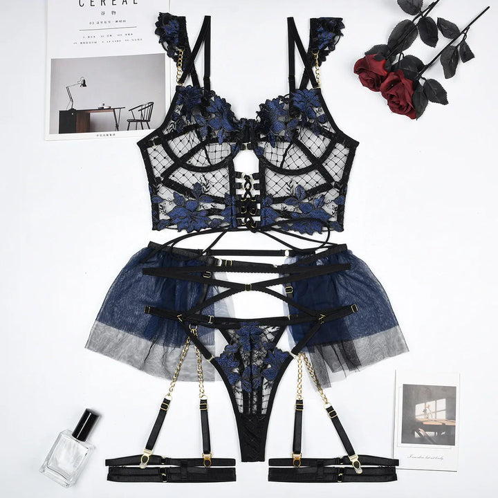 3-Piece Floral Bustier Thong and Garter Set
