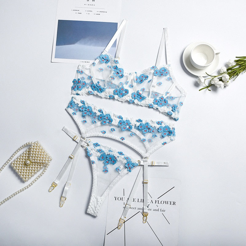 3-Piece Floral Embroidered Mesh Lingerie Set
