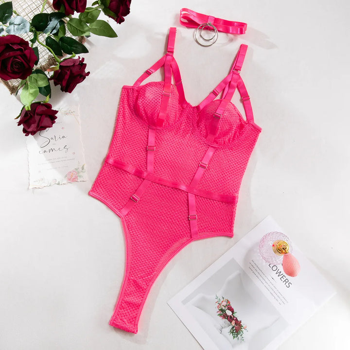 Mesh Choker Lampas-Detail Adjustable Bodysuit