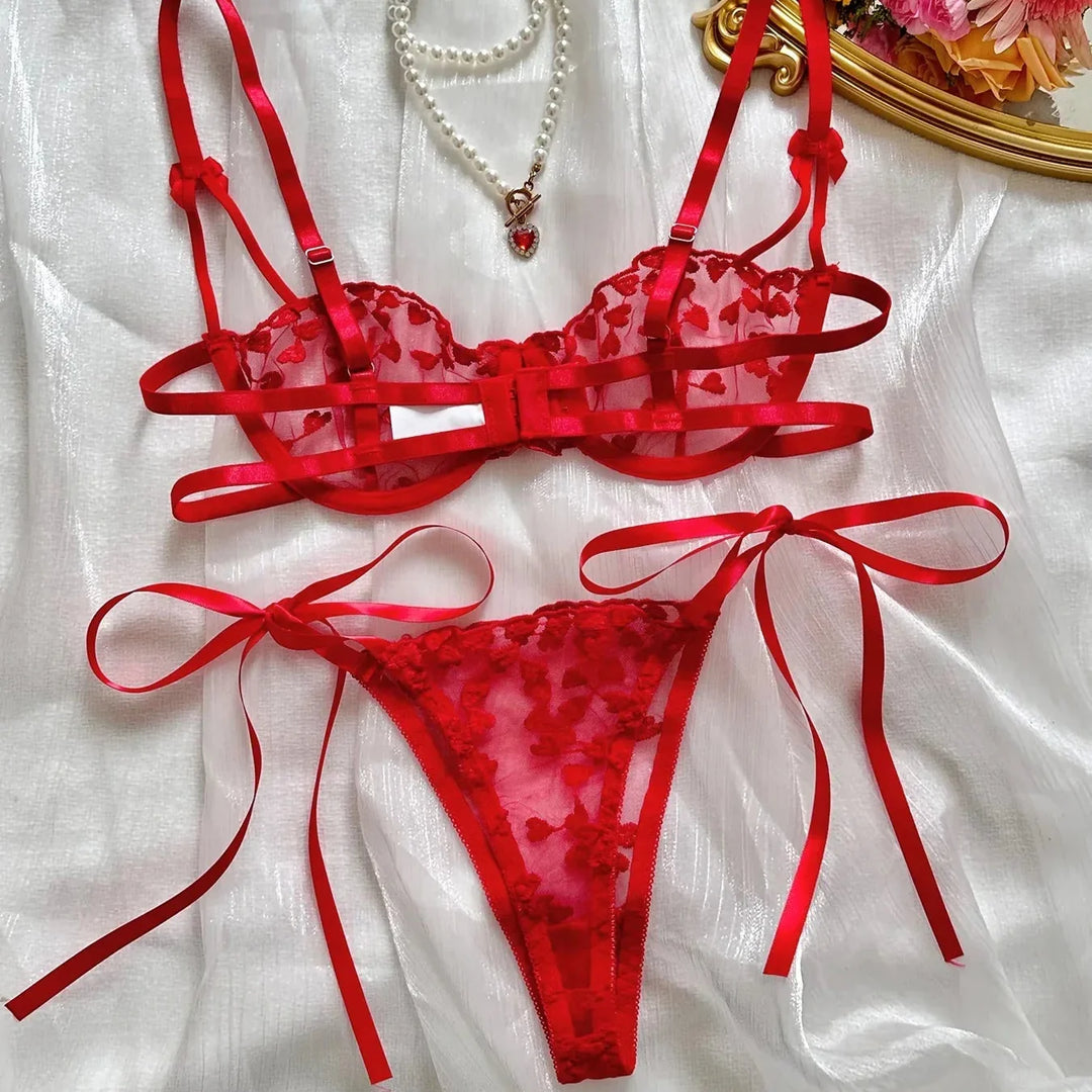 Embroidered Underwire Bra and Thong Lingerie Set