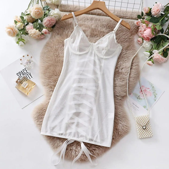 Mesh Tie-Detail Slim-Strap Cut-Out Nightgown