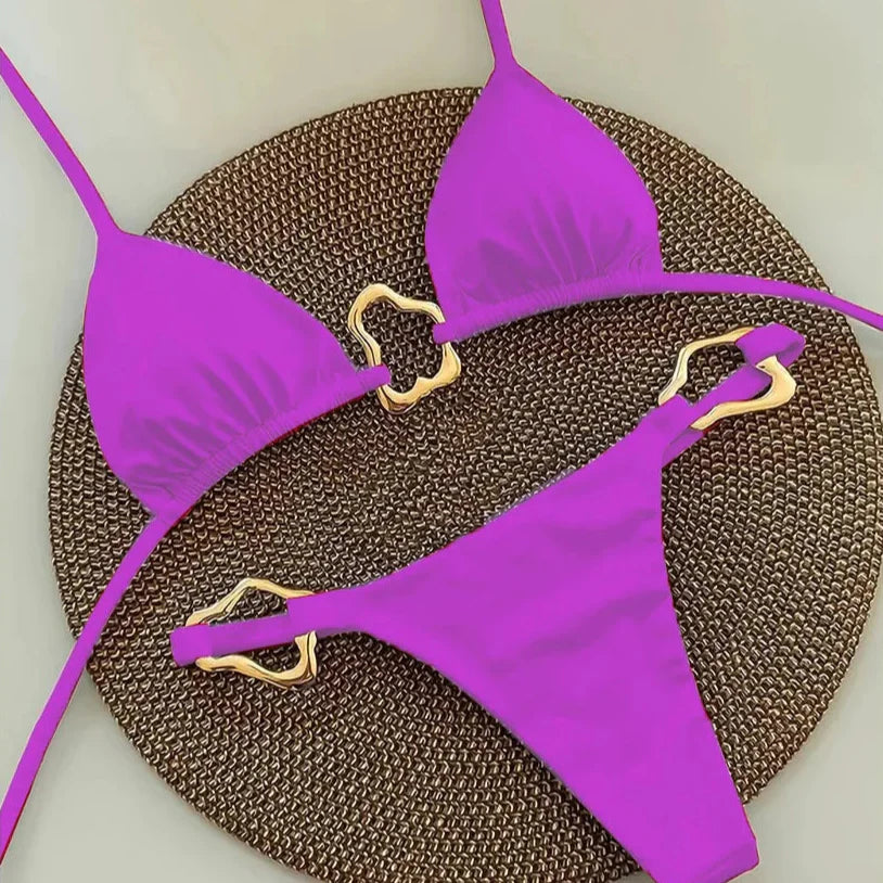 Minimalist Gold Buckle Tie-Neck Bikini