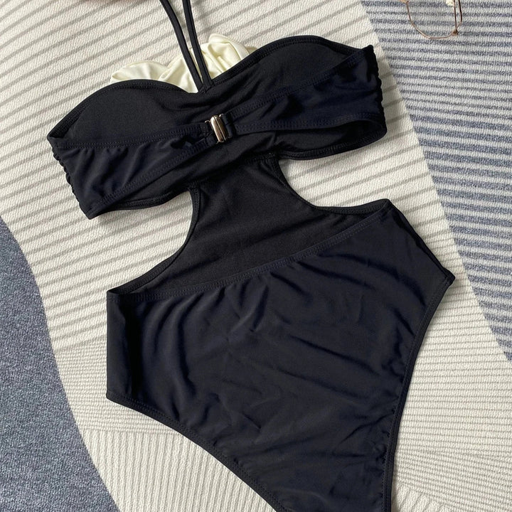 Tie-Neck Decorative Rose One-Piece Swimsuit