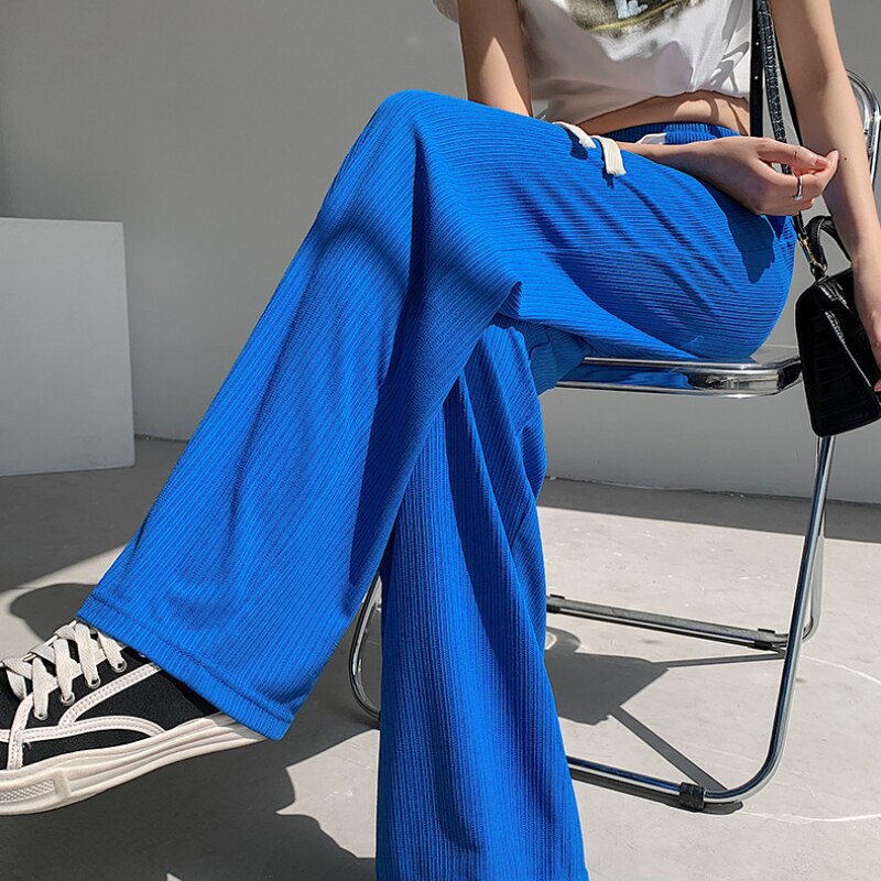 Straight-Leg Tie-Belt Ribbed Relaxed Pants