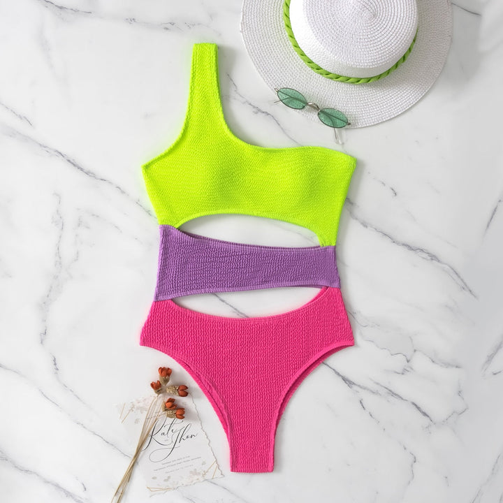 One-Shoulder Tri-Colour One-Piece Swimsuit