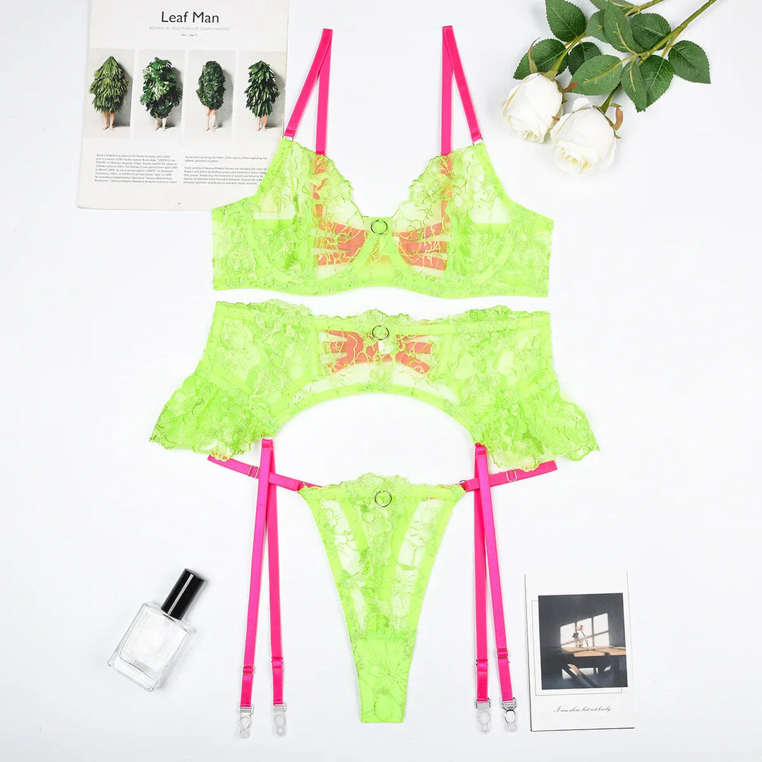 Neon 3-Piece Lace Bra Garter and Thong Set