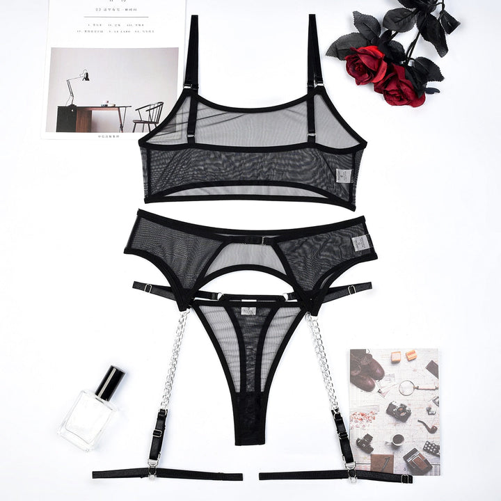 Mesh Mesh Lingerie Set with Belt Decorative Details