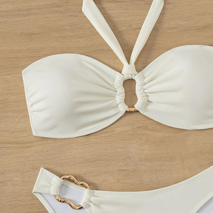 Bandeau Tie-Neck Metal Ring Bikini Set