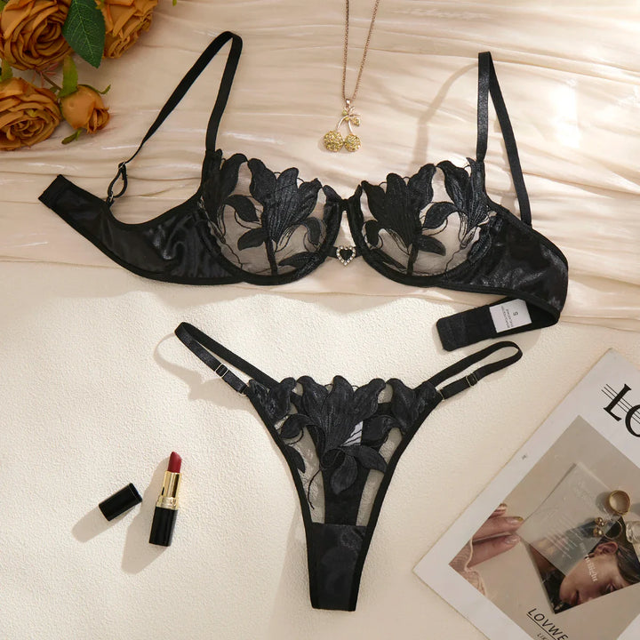 Floral Embroidered Underwire Lingerie Set