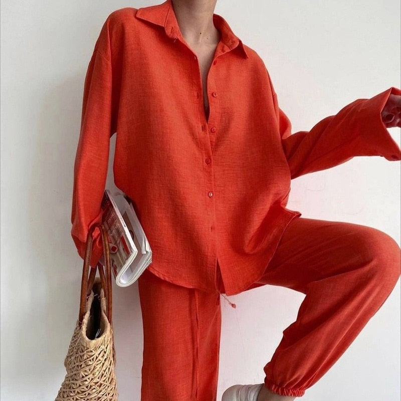 Cotton Button-Shirt Homewear Set Long Pants Soft