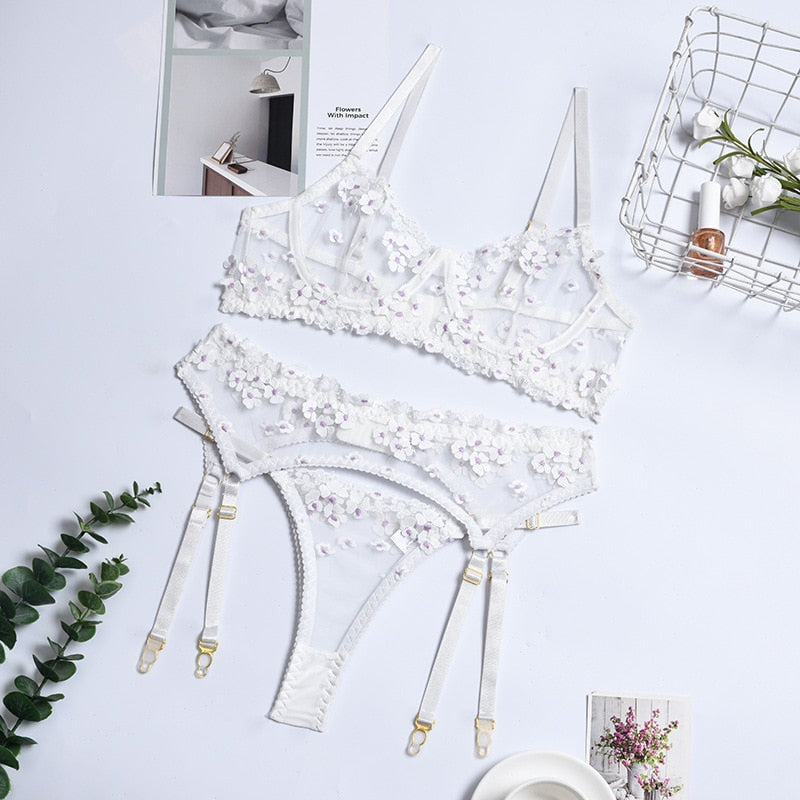 3-Piece Floral Embroidered Mesh Lingerie Set