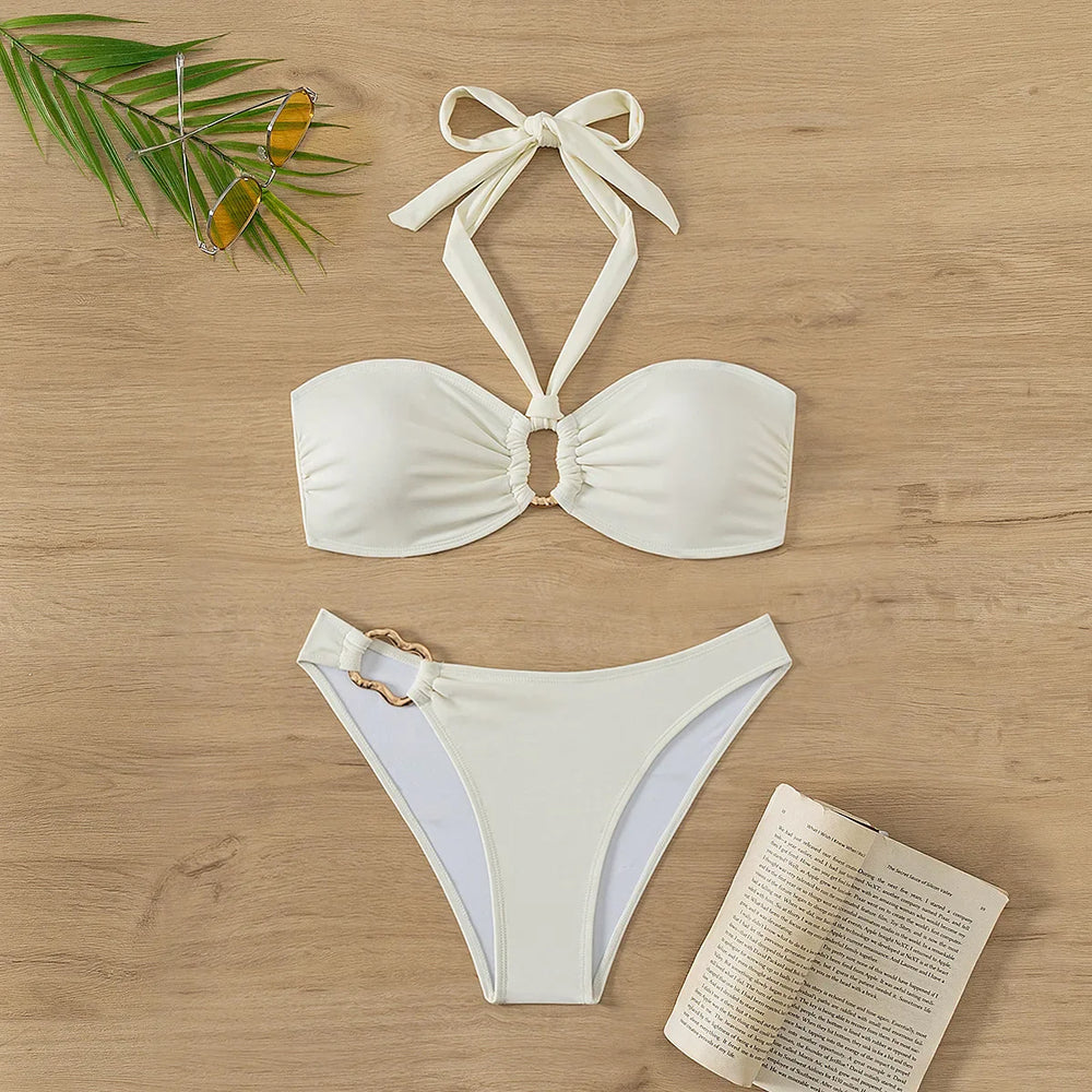 Bandeau Tie-Neck Metal Ring Bikini Set