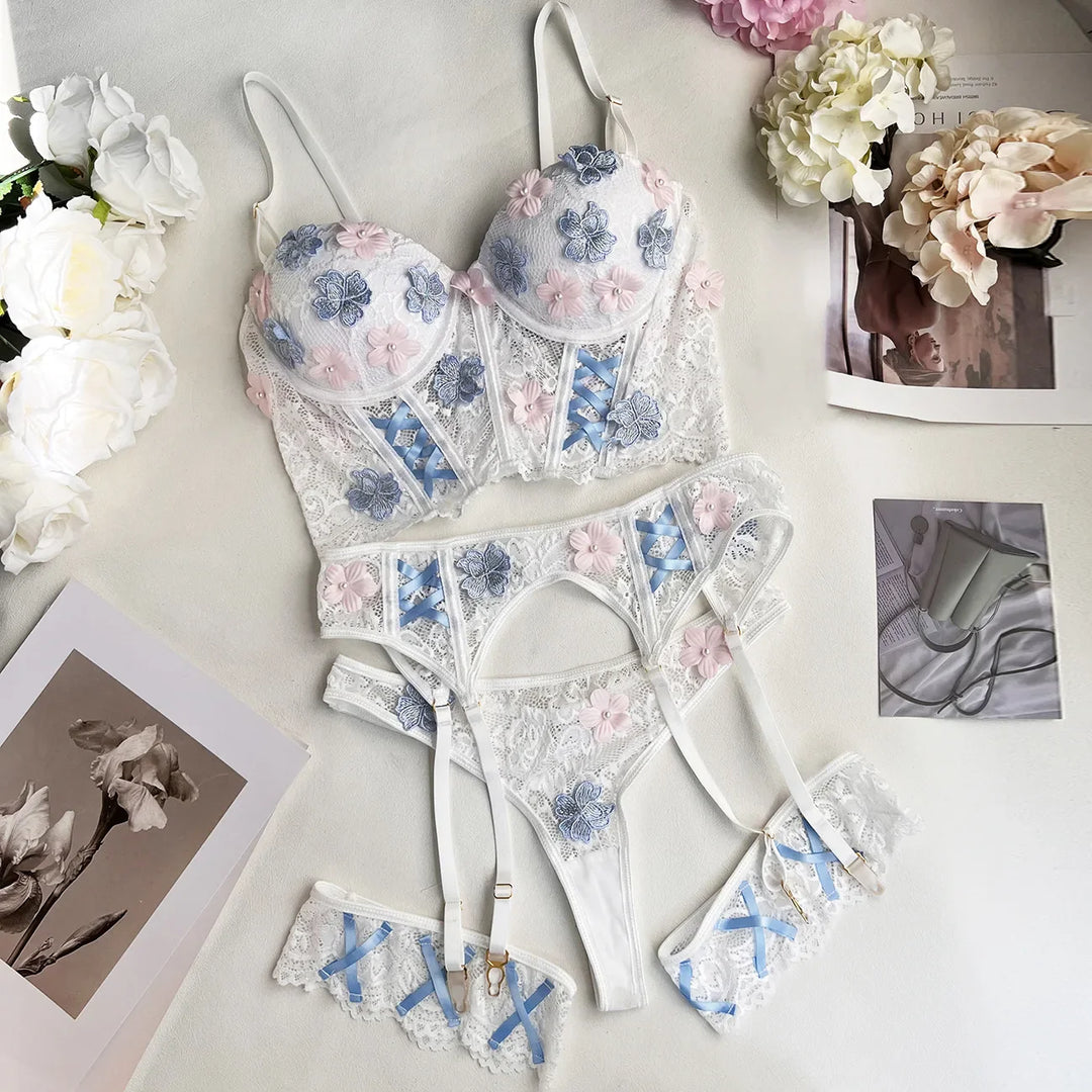 4-Piece Floral Bustier 3/4-Cup Thong Set