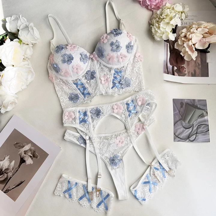 4-Piece Floral Bustier 3/4-Cup Thong Set