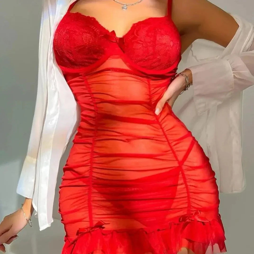 Pleated Mesh Lace-Cup Decorative Nightgown