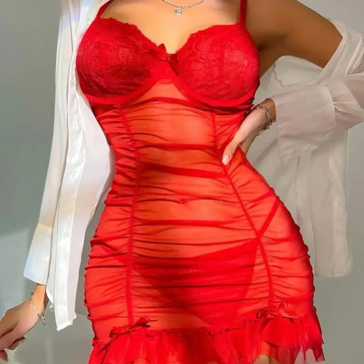 Pleated Mesh Lace-Cup Decorative Nightgown