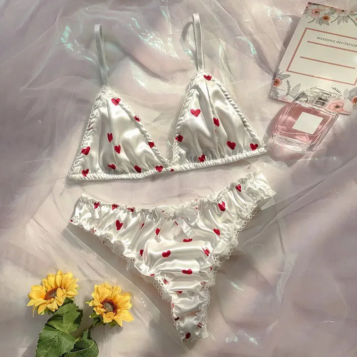 2-Piece Satin Heart Print Wireless Lingerie Set
