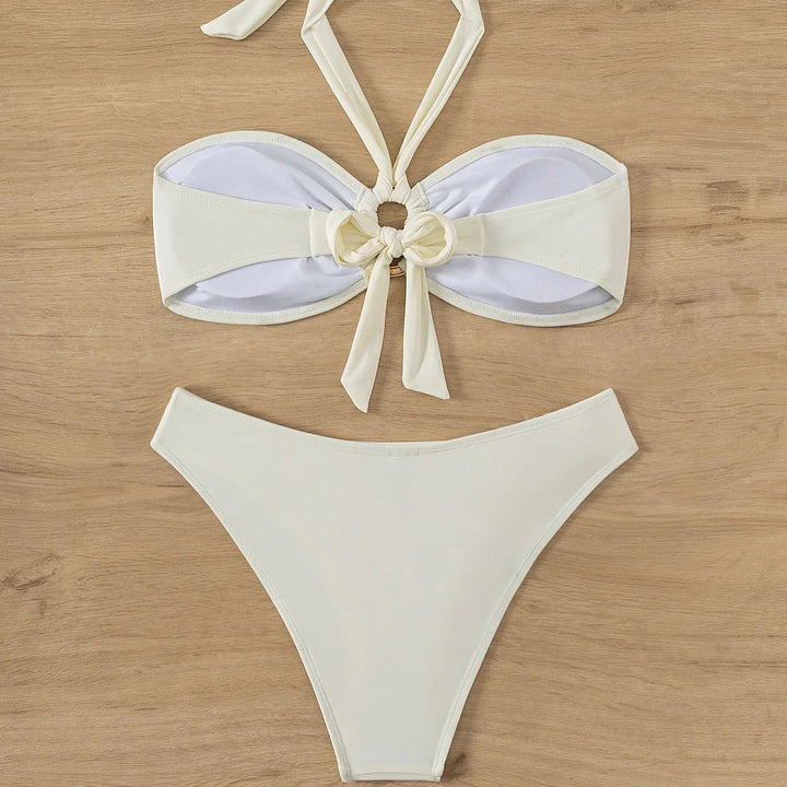 Bandeau Tie-Neck Metal Ring Bikini Set
