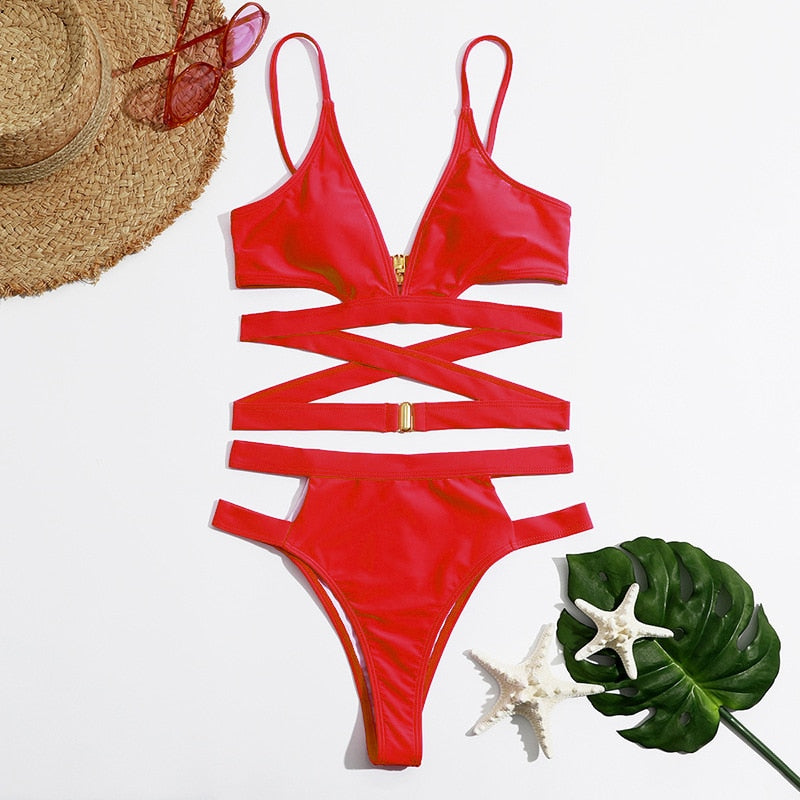 Strappy High-Waist Bikini Two-Piece Swimsuit