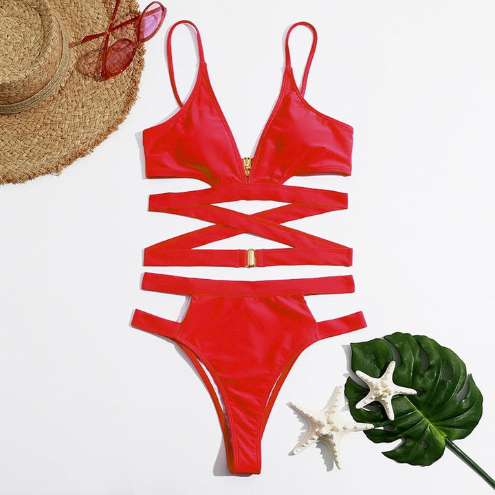Strappy High-Waist Bikini Two-Piece Swimsuit