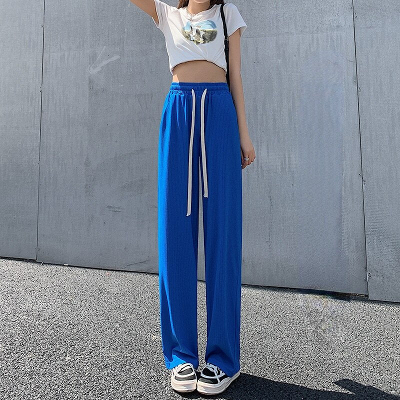 Straight-Leg Tie-Belt Ribbed Relaxed Pants