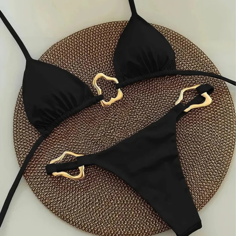 Minimalist Gold Buckle Tie-Neck Bikini