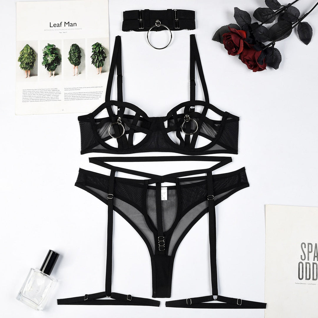 Mesh Mesh Lingerie Set with Choker Metal Details