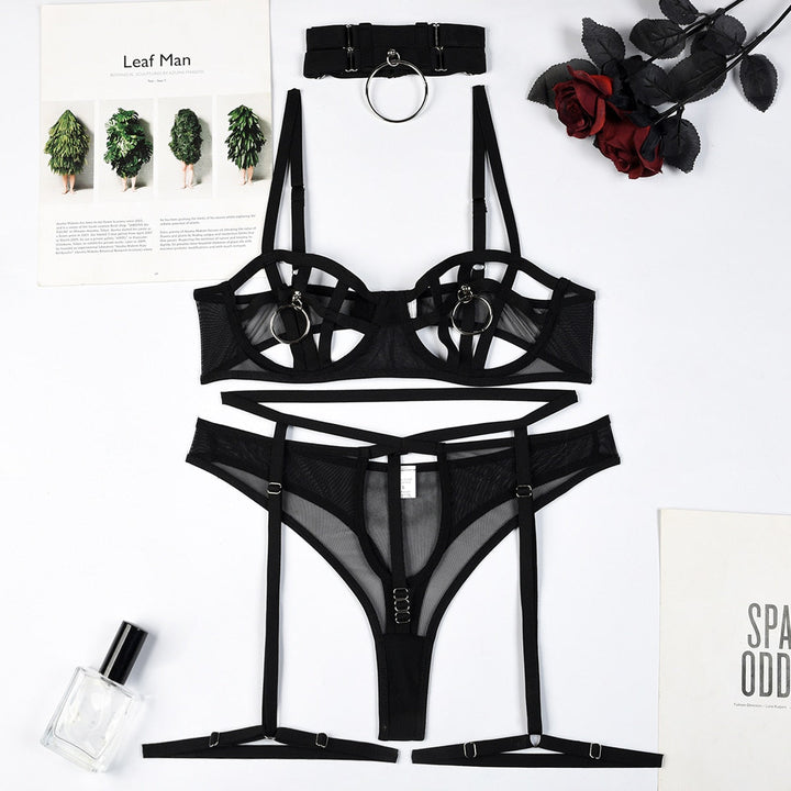 Mesh Mesh Lingerie Set with Choker Metal Details